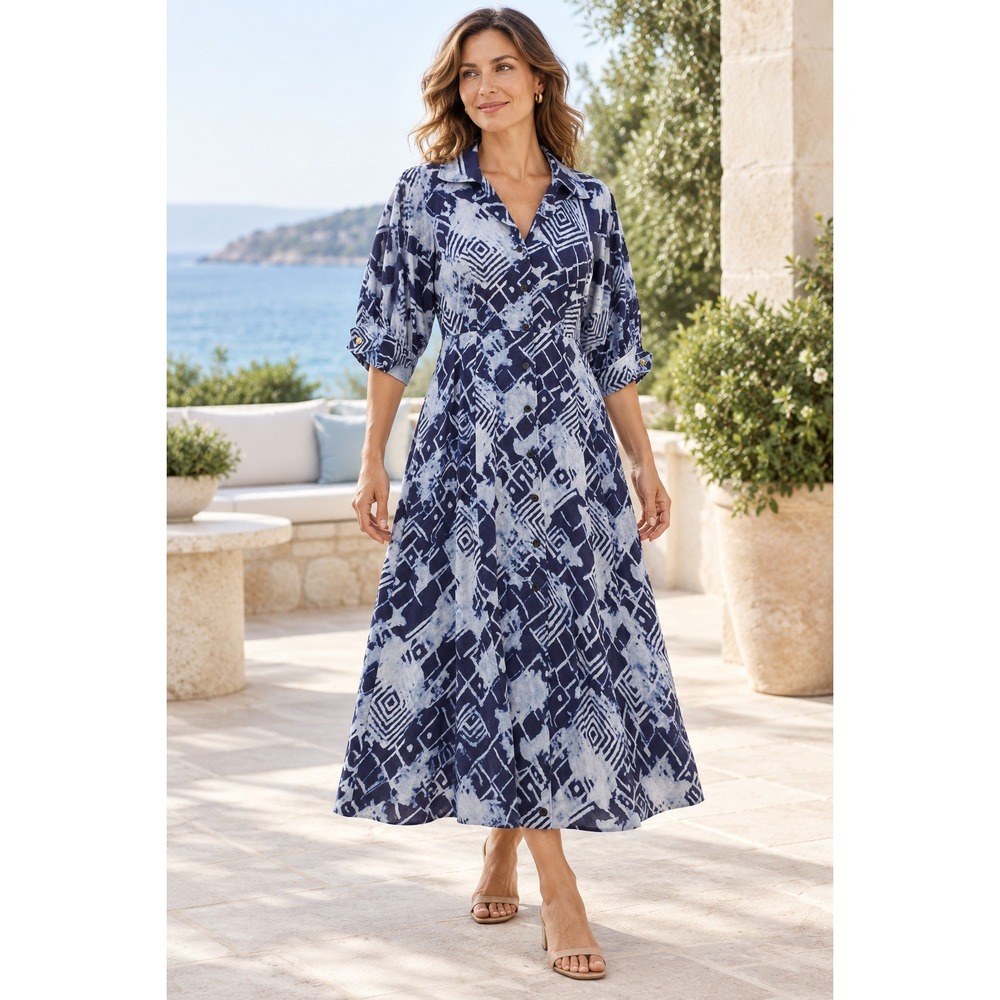 Donna Karan New York Linen Blend Shirt Dress 14 Blue Abstract NWT Coastal Chic
